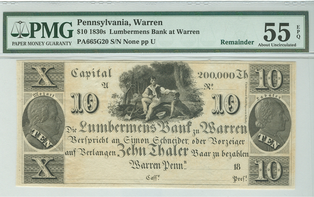 Pennsylvania, Warren, Lumbermans Bank, 18__ Remainder, $10, ChAU, PMG55-EPQ